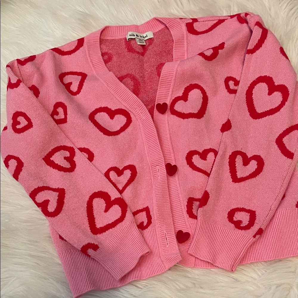 Nicole Lee Pink Knit Cardigan with Red Heart Pattern